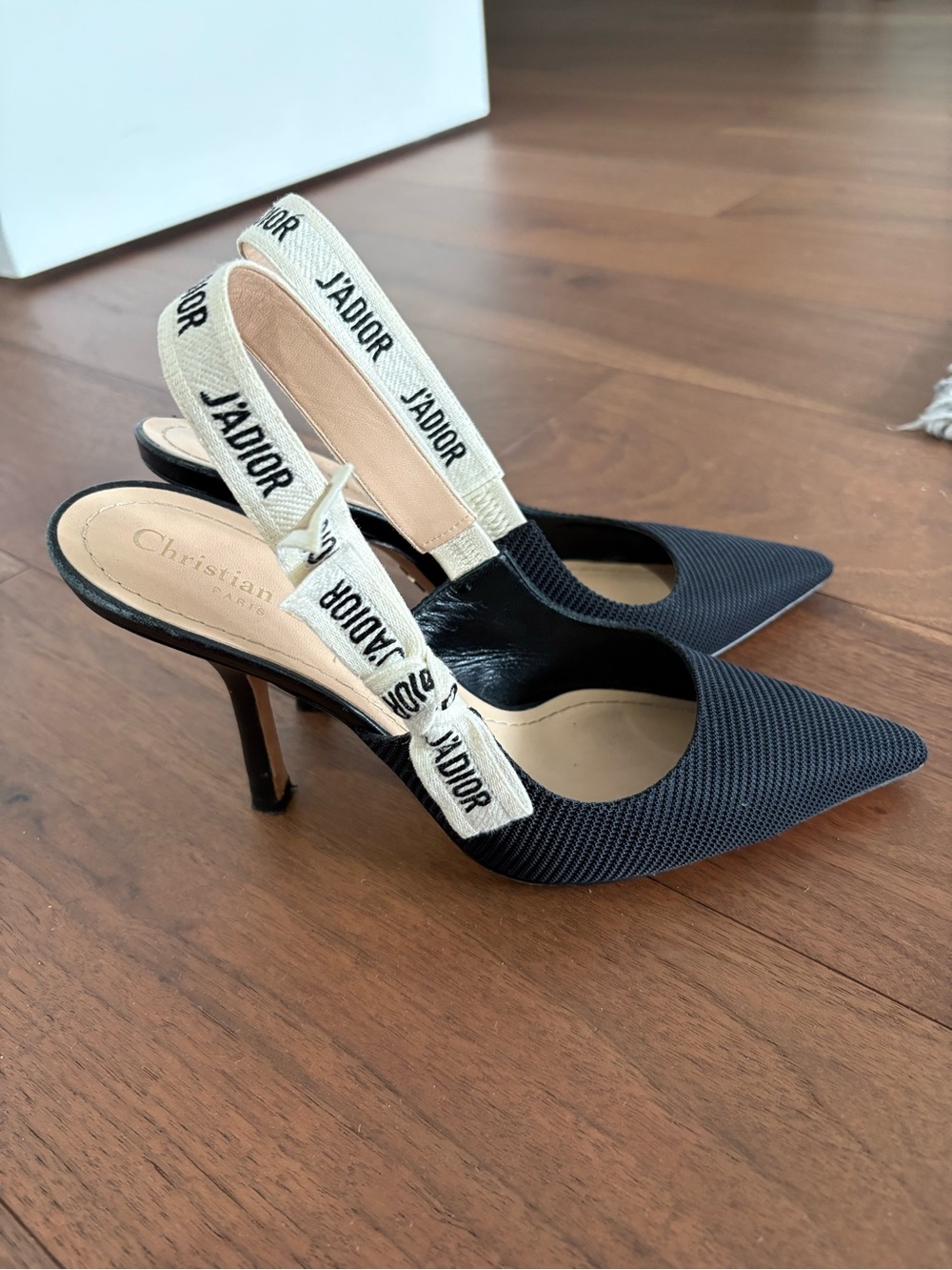 Dior Black Pointed Slingback Pumps with Cream J'Adior Ribbon